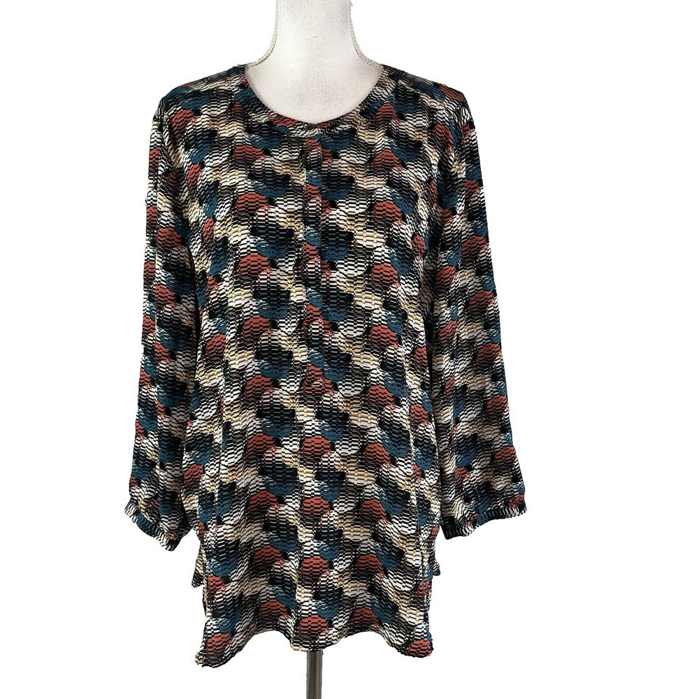 JM Collection Blouse Tunic sz XXL Blue Salmon Gold Circles Career Modest Church